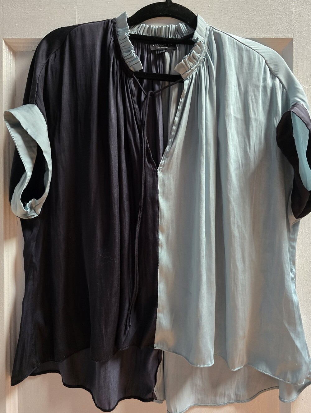 Current Air Two-Tone Navy and Light Blue Ruffled Tie-Neck Blouse